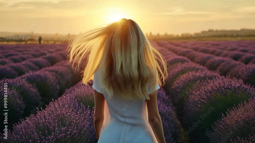 A woman walks through a lavender field at sunset, her hair flowing in the breeze A woman walks through a lavender field at sunset, her hair flowing in the breeze