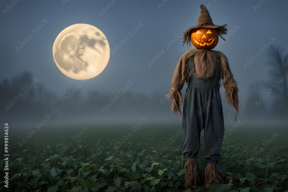 Fototapeta premium A pumpkin-headed scarecrow standing in a foggy field under a full moon, AI-Generated
