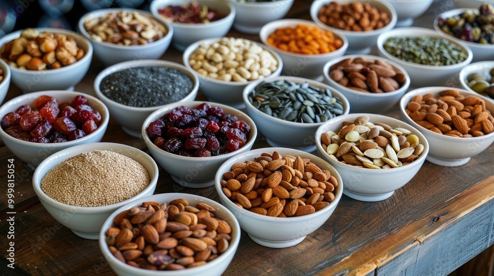 Assortment of nuts, seeds, and dried fruit in white bowls on a wooden table. Assortment of nuts, seeds, and dried fruit in white bowls on a wooden table.