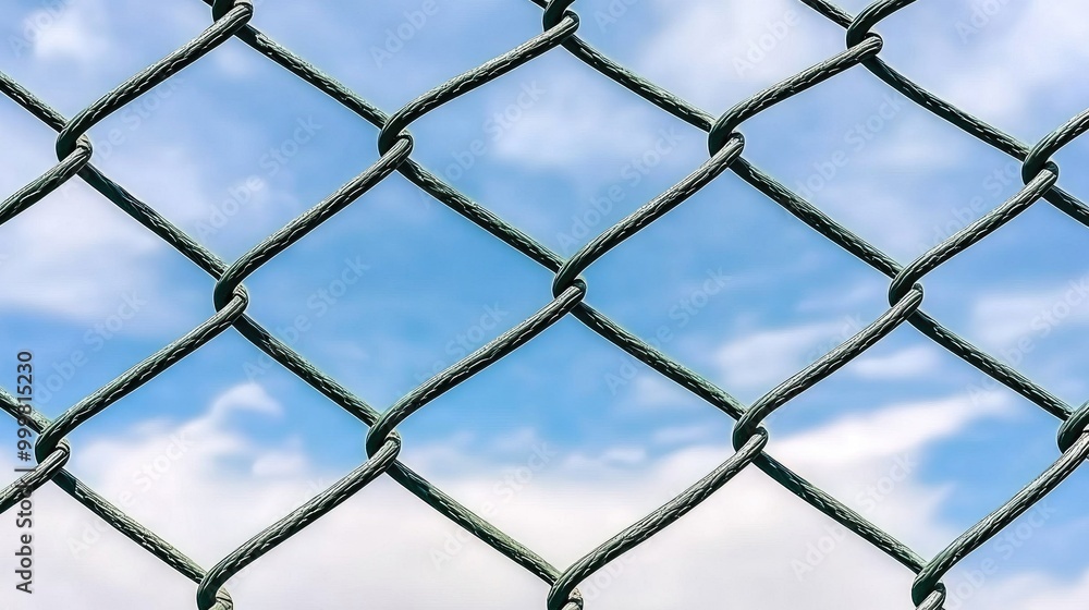 Fototapeta premium A vibrant green chain-link fence stands against a bright blue sky with scattered clouds in a serene desert landscape ideal for activities