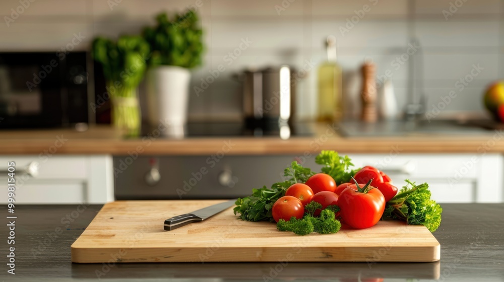 Fresh Tomatoes and Parsley on a Cutting Board in a Kitchen Fresh Tomatoes and Parsley on a Cutting Board in a Kitchen