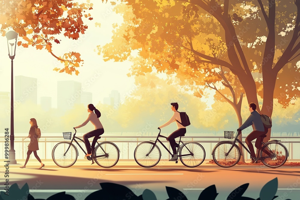 Three peoples cycling on the park of city vector illustration Three peoples cycling on the park of city vector illustration