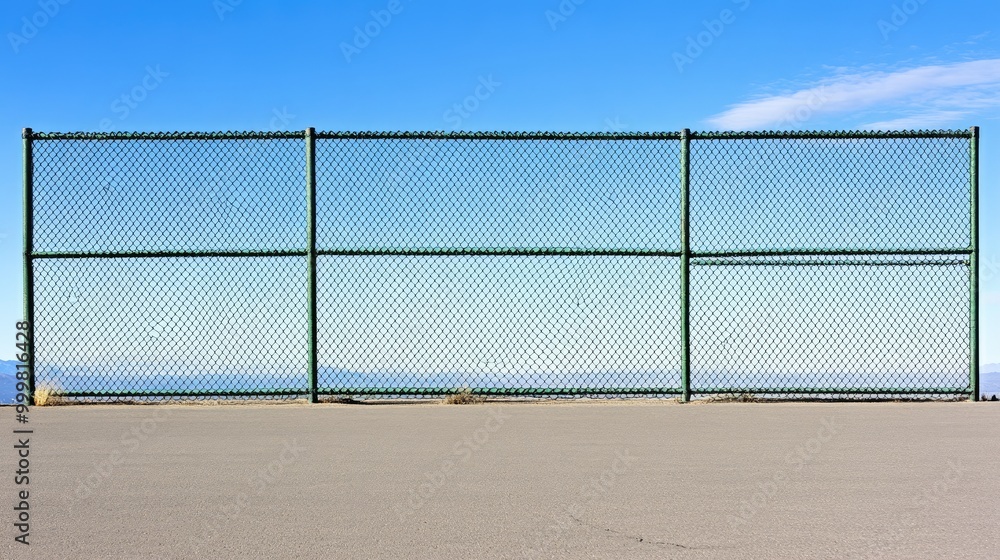 A sunlit green chain-link fence against a vivid blue sky and fluffy white clouds on a sandy beach landscape in broad daylight A sunlit green chain-link fence against a vivid blue sky and fluffy white clouds on a sandy beach landscape in broad daylight