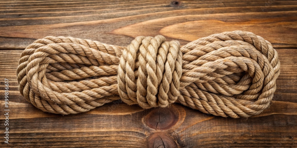 Knotted bundle of rough jute rope on brown board , rope, jute, knot, rough, texture, brown, board, close up, natural, rustic Knotted bundle of rough jute rope on brown board , rope, jute, knot, rough, texture, brown, board, close up, natural, rustic