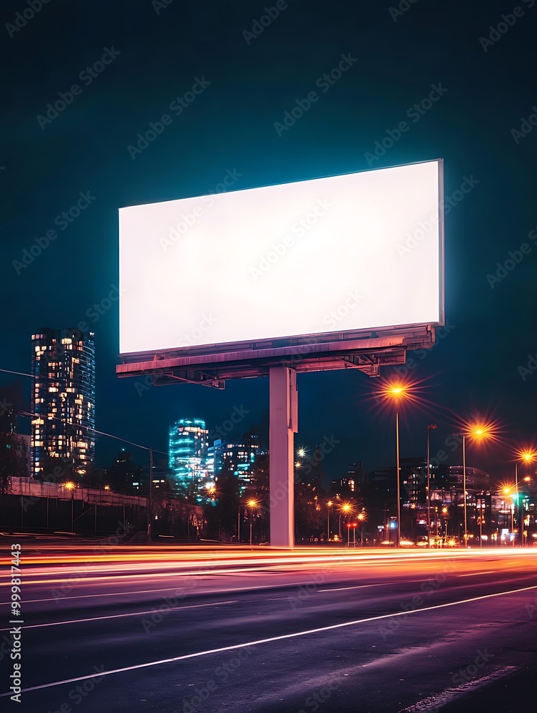 A white billboard illuminated by streetlights in a nighttime city scene, with colorful city lights twinkling in the background. A white billboard illuminated by streetlights in a nighttime city scene, with colorful city lights twinkling in the background.