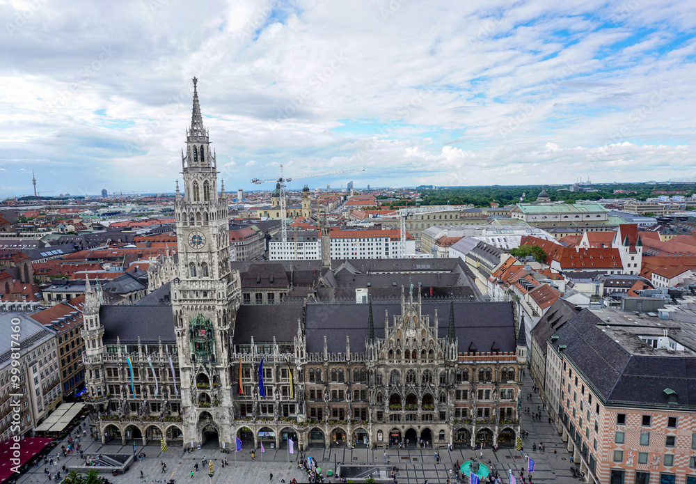 Fototapeta premium Panorama from the tower of The St. Peters Church to The Old Town Hall of Munich, Bavaria District, Germany. 