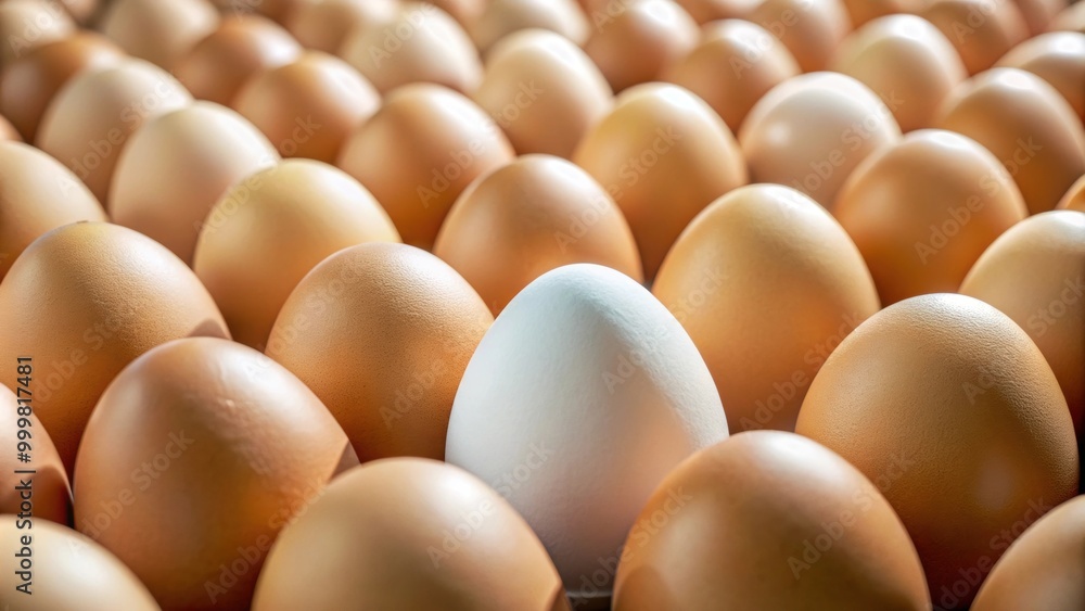 Unique egg standing out from a group of identical eggs, individuality, difference, standout, unique, special Unique egg standing out from a group of identical eggs, individuality, difference, standout, unique, special