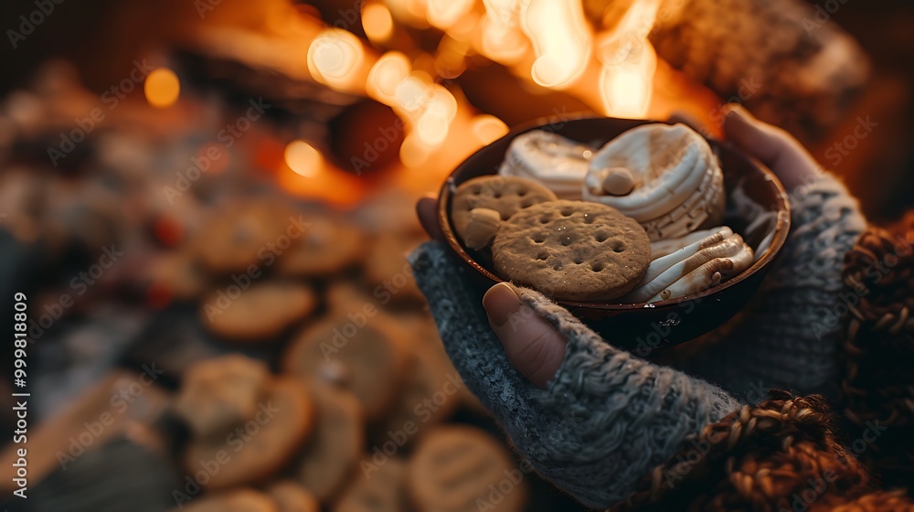 Close up of hands holding more made with marshmallow and cookies in the background fire Close up of hands holding more made with marshmallow and cookies in the background fire