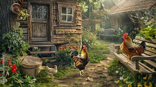 Chickens and a rooster walking in the backyard of a farmhouse. 