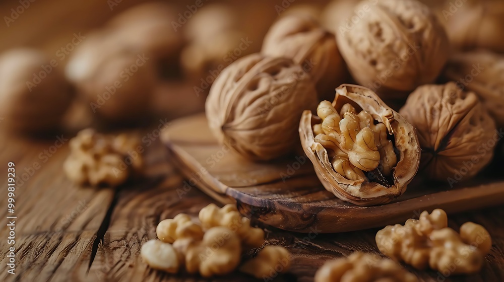 Close up of walnuts on wooden table Close up of walnuts on wooden table