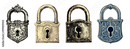 set of vintage lock illustration isolated on transparent background