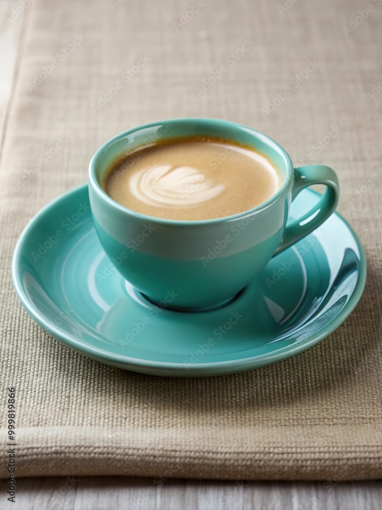 A beautifully crafted cup of coffee with latte art resting on a teal saucer on a light textured background A beautifully crafted cup of coffee with latte art resting on a teal saucer on a light textured background