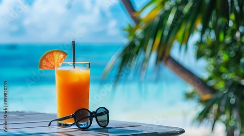 Fototapeta Naklejka Na Ścianę i Meble -  Cold tropical fruit juice drink and sunglasses on table at beach