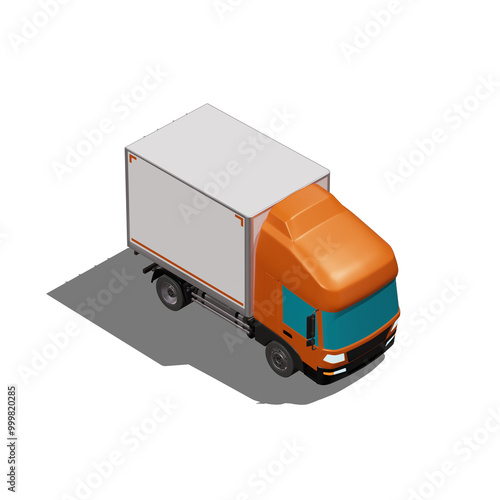 3D Isometric Cargo Truck Photoreal Vector Illustration Modern Orange Cabine and White Van City Delivery Vehicle 4x2 Design for Logistics and Transport Presentation Social Media Video Promo Front Right photo