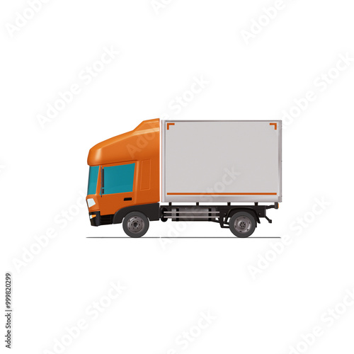 3D Isometric Cargo Truck Photoreal Vector Illustration Modern Orange Cabine and White Van City Delivery Vehicle 4x2 Design for Logistics and Transport Presentation Social Media Video Promo Left photo