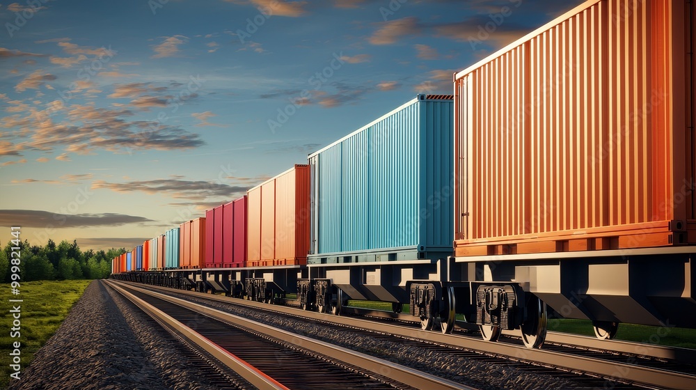 Colorful freight containers on railroad tracks under a scenic sky. Colorful freight containers on railroad tracks under a scenic sky.