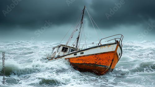 A small orange boat battles rough seas under a stormy sky, showcasing the power of nature and human resilience.