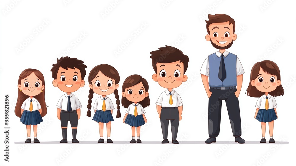 Cartoon boy and girl schoolchildren in uniforms, smiling with their male and female teachers, placed on a white backdrop, School Kids and Teachers, Fun learning environment Cartoon boy and girl schoolchildren in uniforms, smiling with their male and female teachers, placed on a white backdrop, School Kids and Teachers, Fun learning environment