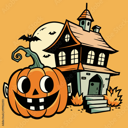 Horror pumpkin and haunted house illustration vintage vector 