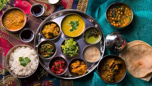 Indian festive vegan and vegetarian thali- spread of small dishes. Beautiful exotic setting, glamorous servingware photo