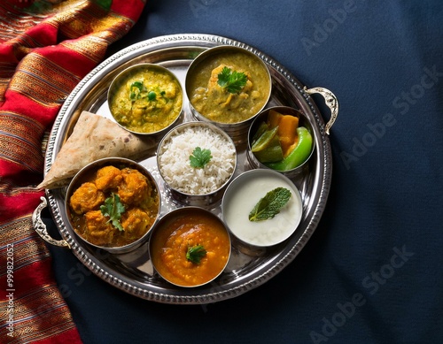 Indian festive vegan and vegetarian thali- spread of small dishes. Beautiful exotic setting, glamorous servingware photo