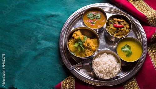 Indian festive vegan and vegetarian thali- spread of small dishes. Beautiful exotic setting, glamorous servingware photo