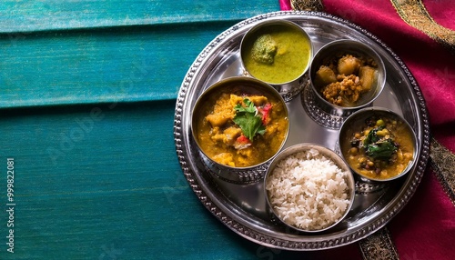 Indian festive vegan and vegetarian thali- spread of small dishes. Beautiful exotic setting, glamorous servingware photo