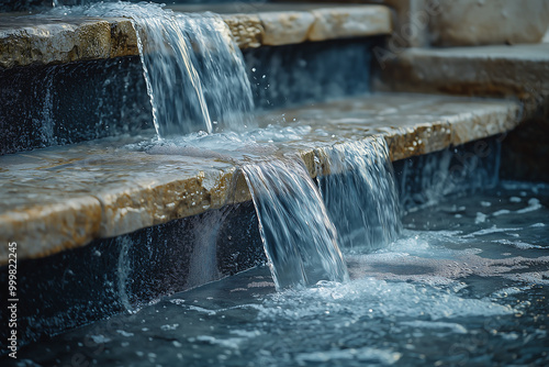 A tranquil waterfall cascades over stone steps, creating a serene, soothing atmosphere with shimmering water and gentle ripples.