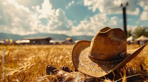 Country music festival live concert with cowboy hat and boots by wheat field at ranch stables background photo