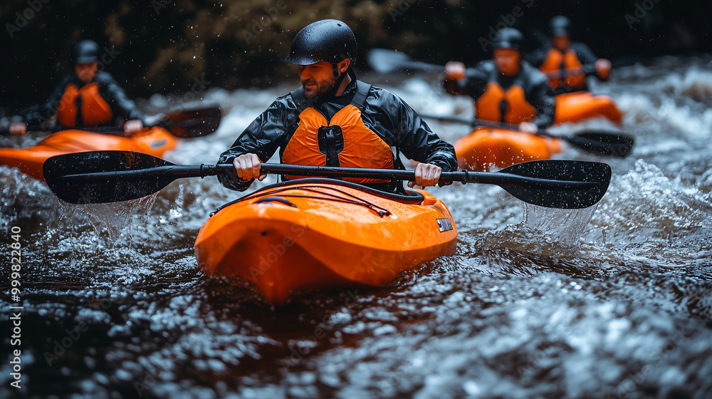 Adventurers kayak through rushing water, showcasing teamwork and thrill in vibrant orange gear against a natural backdrop. Adventurers kayak through rushing water, showcasing teamwork and thrill in vibrant orange gear against a natural backdrop.