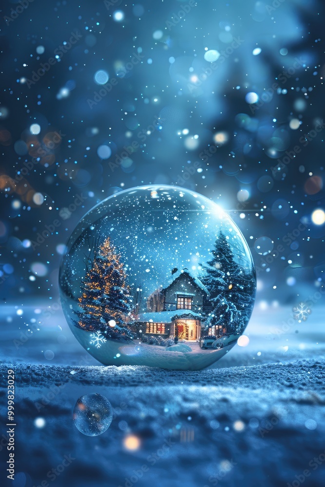 Snow Globe Encapsulating a Winter Wonderland with a Cozy House and Christmas Tree Snow Globe Encapsulating a Winter Wonderland with a Cozy House and Christmas Tree