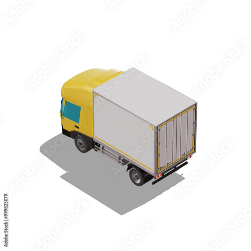 3D Isometric Cargo Truck Photoreal Vector Illustration Modern Yellow Cabine and White Van City Delivery Vehicle 4x2 Design for Logistics and Transport Presentation Social Media Video Promo Back Left photo