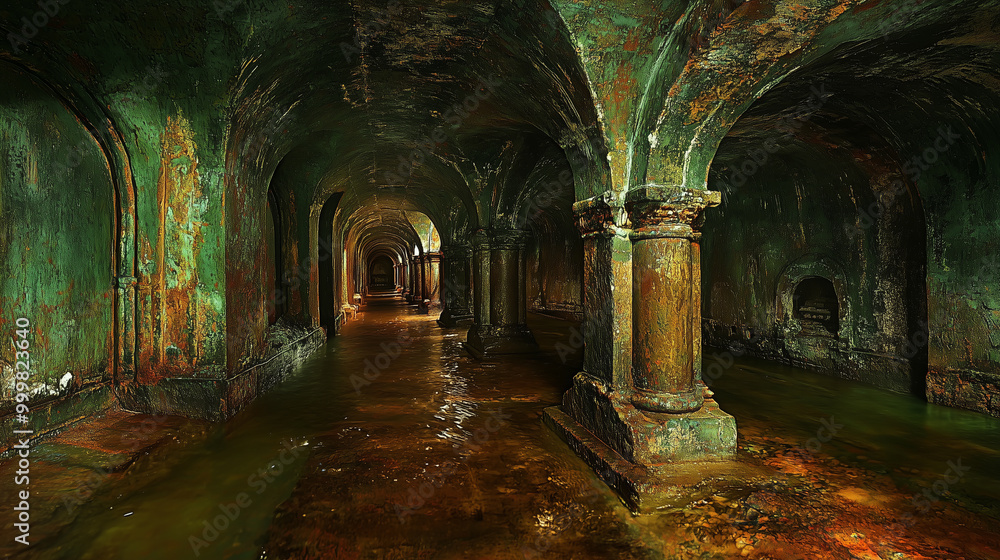 Obraz premium A dark, atmospheric underground corridor with arches, illuminated by subtle light, featuring damp walls and reflections in the murky water.