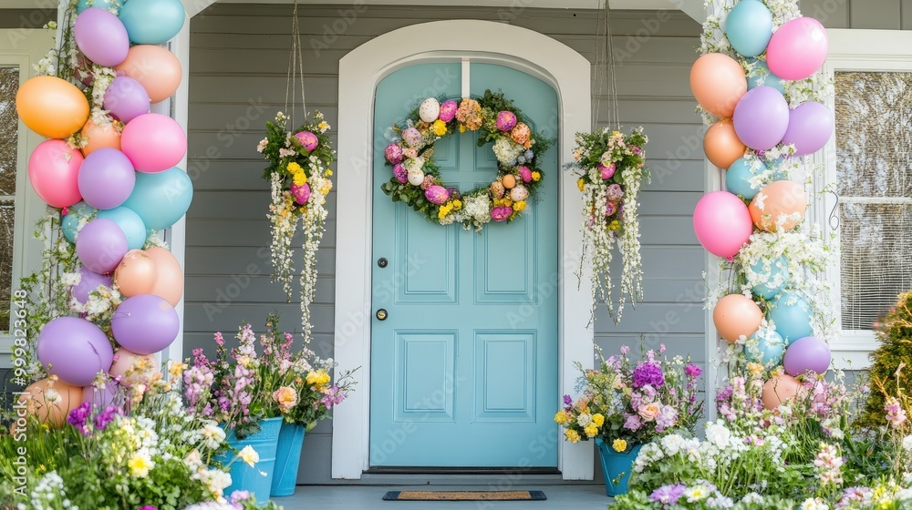 Fototapeta premium An Easter-themed front door with hanging eggs, balloons, and fresh flowers, creating a vibrant spring display
