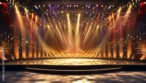 Vibrant stage adorned with colorful lighting, capturing the exhilarating atmosphere of an award show celebration photo