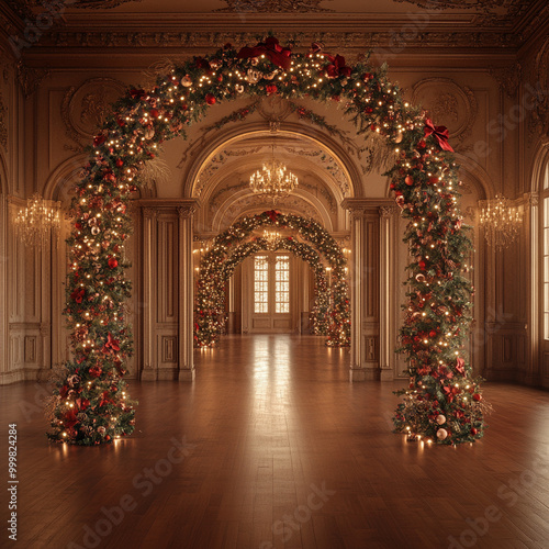 A beautifully decorated ballroom features elegant archways adorned with festive garlands and twinkling lights, creating warm and inviting holiday atmosphere