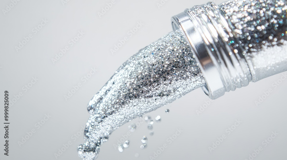 Vibrant silver glitter nail polish flowing from a bottle against a clean white background, capturing every detail. No people. Vibrant silver glitter nail polish flowing from a bottle against a clean white background, capturing every detail. No people.