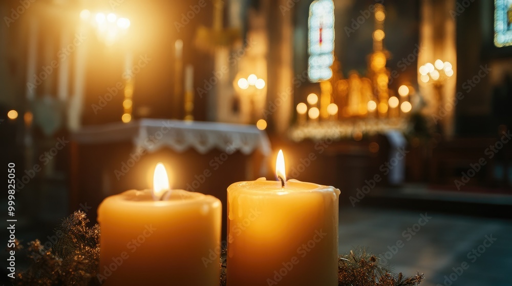 Candles burning softly in front of an ornate church altar, casting a warm glow in a peaceful setting. Candles burning softly in front of an ornate church altar, casting a warm glow in a peaceful setting.