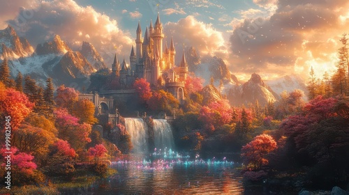 Wallpaper Mural whimsical fairy tale castle pastel cotton candy clouds rainbow bridge floating crystals enchanted forest surroundings Torontodigital.ca