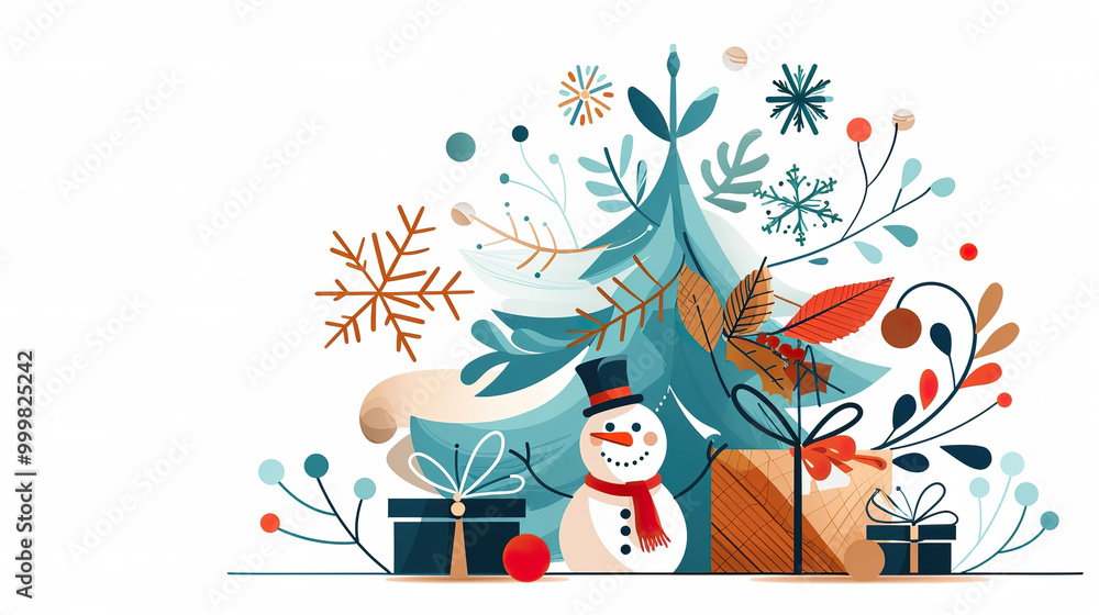 Fototapeta premium Festive winter scene featuring cheerful snowman, decorated Christmas tree, and beautifully wrapped gifts. 