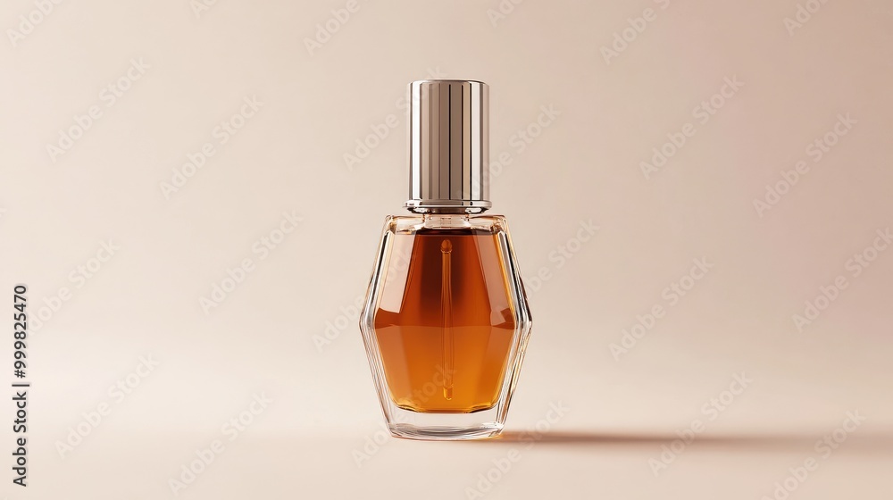 Amber serum bottle with a unique hexagonal design and a silver cap, capturing every detail. No people. No logo. Amber serum bottle with a unique hexagonal design and a silver cap, capturing every detail. No people. No logo.