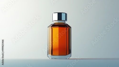 Amber serum bottle with a unique hexagonal design and a silver cap, capturing every detail. No people. No logo.