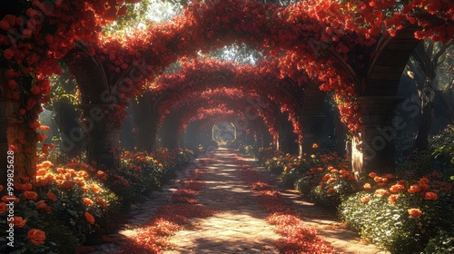 whimsical garden filled with colorful flowers and lush greenery featuring enchanting arches that invite wanderers into a fairytalelike realm photo