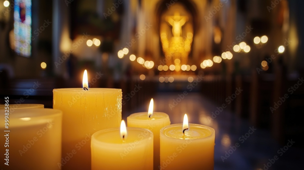 Close-up of candles in a church, with a distant view of the altar, symbolizing prayer and reverence. Close-up of candles in a church, with a distant view of the altar, symbolizing prayer and reverence.
