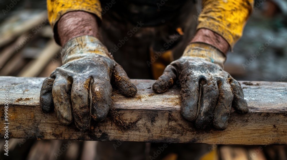 Close-up of working hands wearing dirty rubber gloves holding a wood plank. Close-up of working hands wearing dirty rubber gloves holding a wood plank.