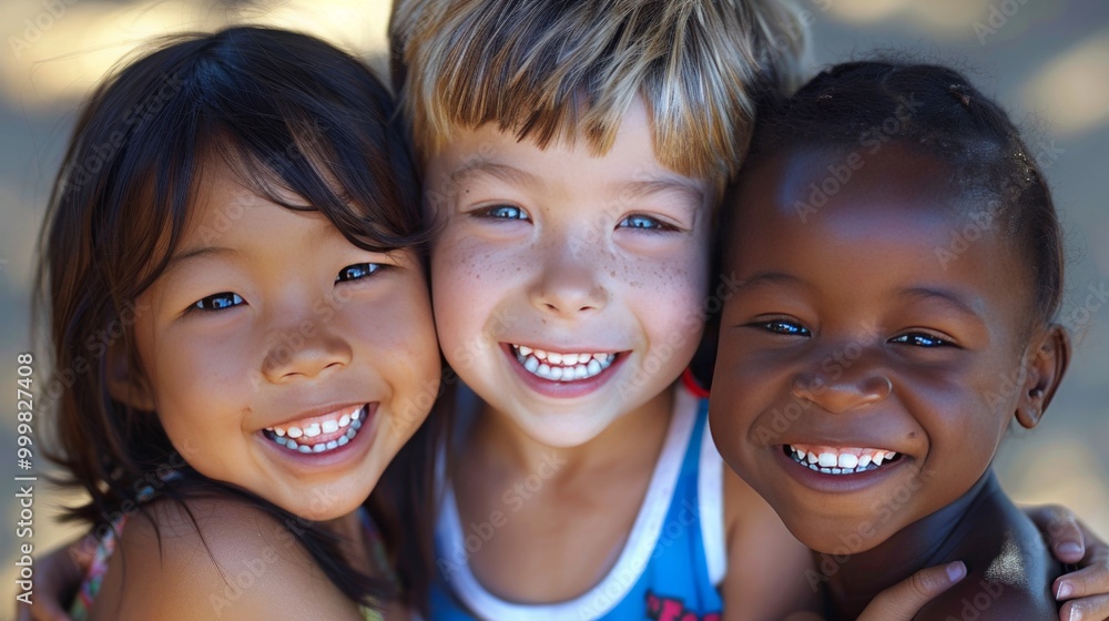 A warm, close-up photo of three happy children of different ethnicities A warm, close-up photo of three happy children of different ethnicities