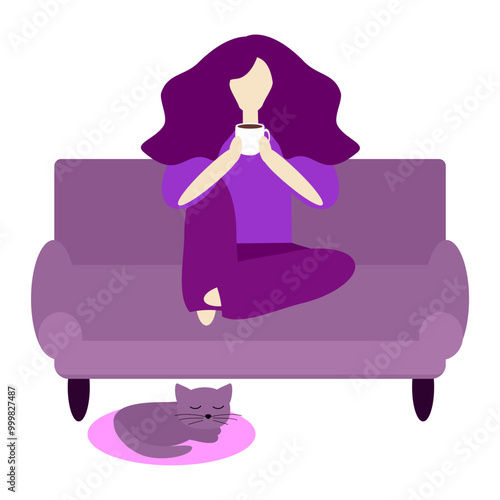 Nice girl or young woman with a cup of coffee and a cat  at home vector illustration