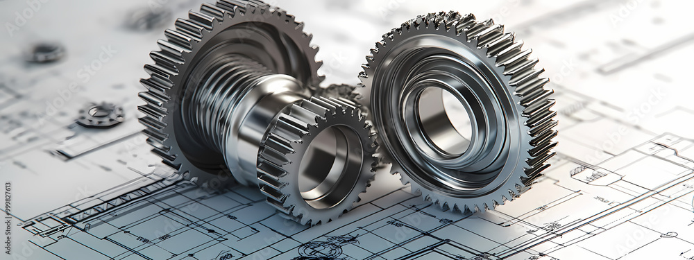 Polished Gears and Mechanical Components on Blueprint Polished Gears and Mechanical Components on Blueprint
