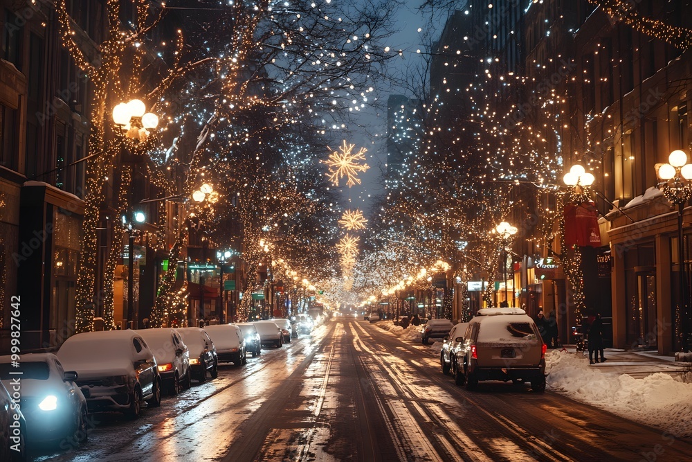A winter cityscape featuring sustainable architecture, eco-friendly street decorations, and energy-efficient holiday lights A winter cityscape featuring sustainable architecture, eco-friendly street decorations, and energy-efficient holiday lights