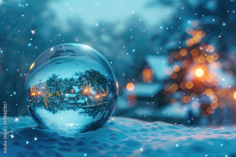A Crystal Ball Reflecting a Snowy Night Scene with Lights A Crystal Ball Reflecting a Snowy Night Scene with Lights